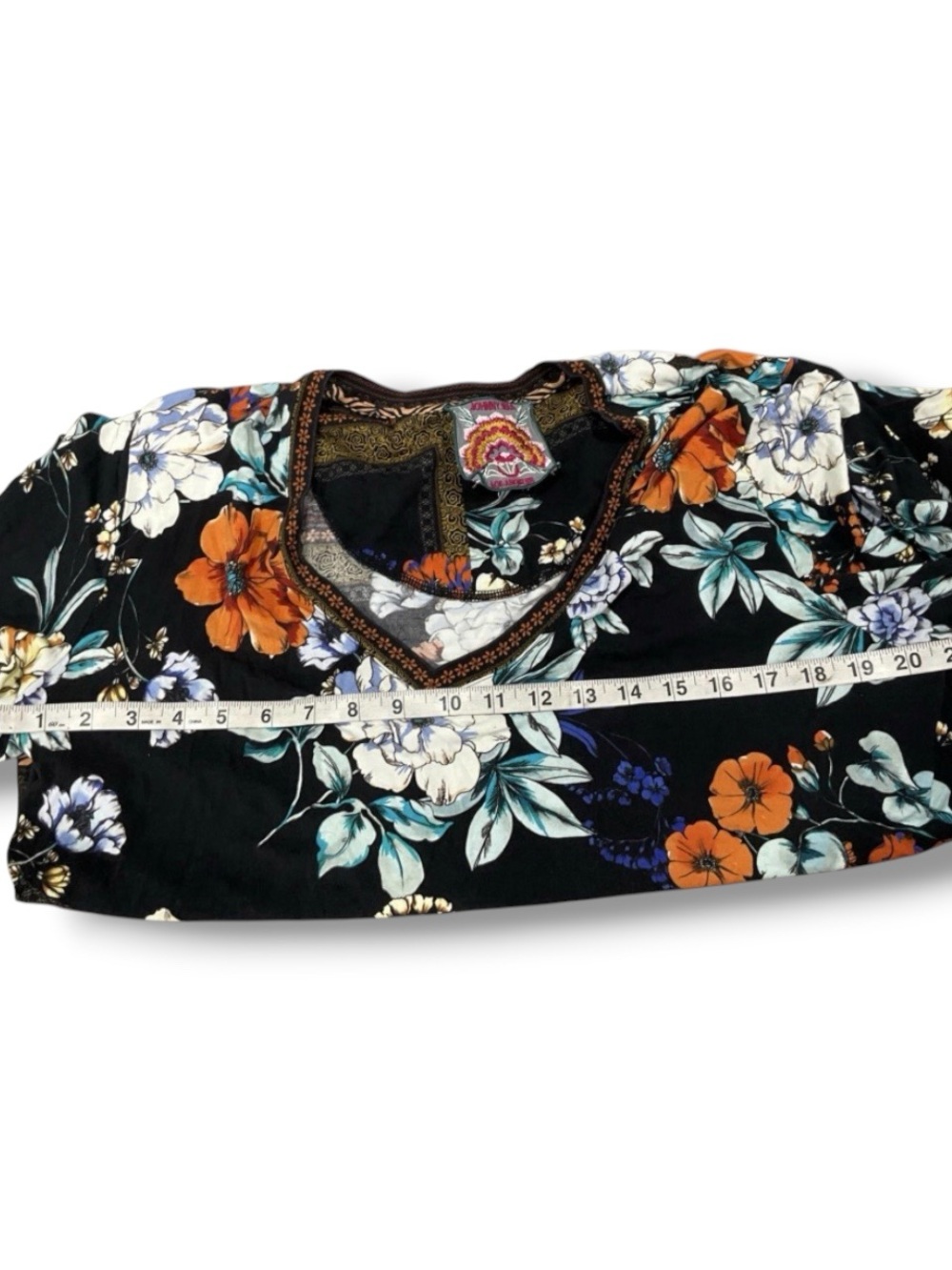 Johnny Was Black Floral V-Neck Blouse with Teal and Orange Accents - Picture 6 of 14